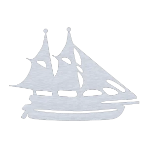 Silhouette of a galleon ship with two large sails, made of aluminum with a shiny metallic texture on a black background.